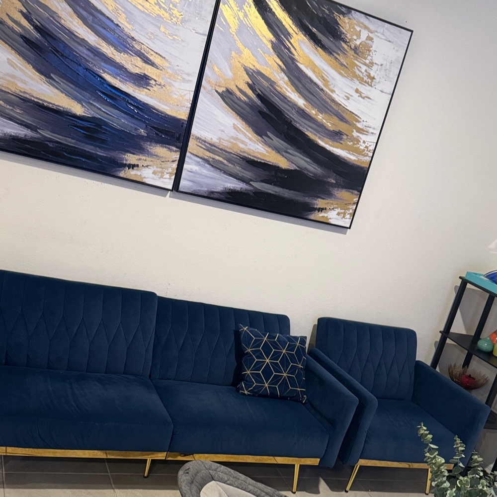 Blue Velvet Sofa with Gold Accents